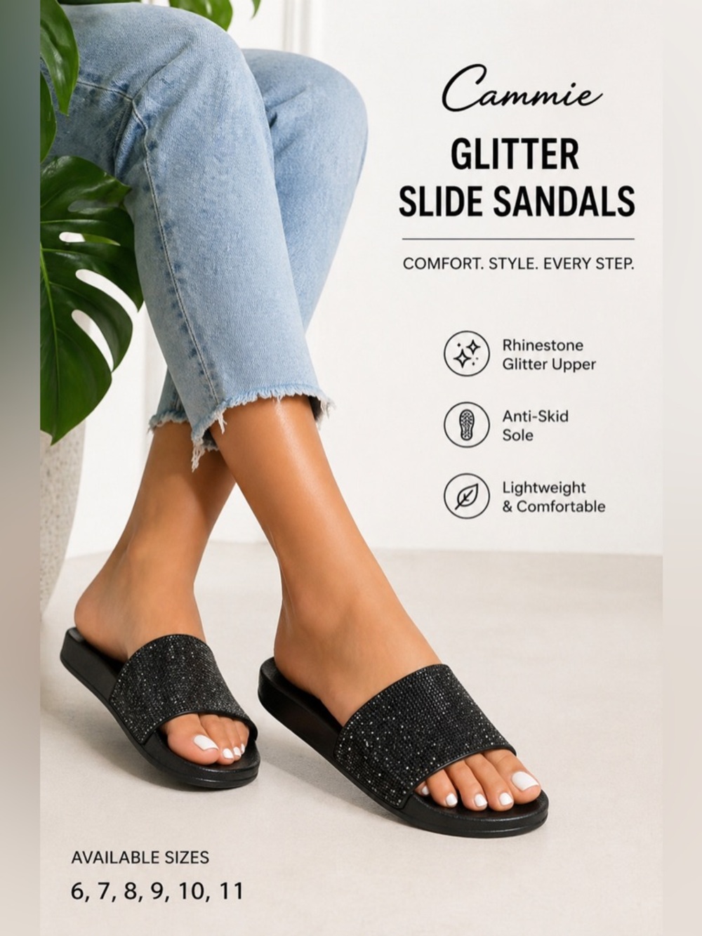 Cammie Women Black Glitter Rhinestone Slide Sandals NWB Sizes 6–11